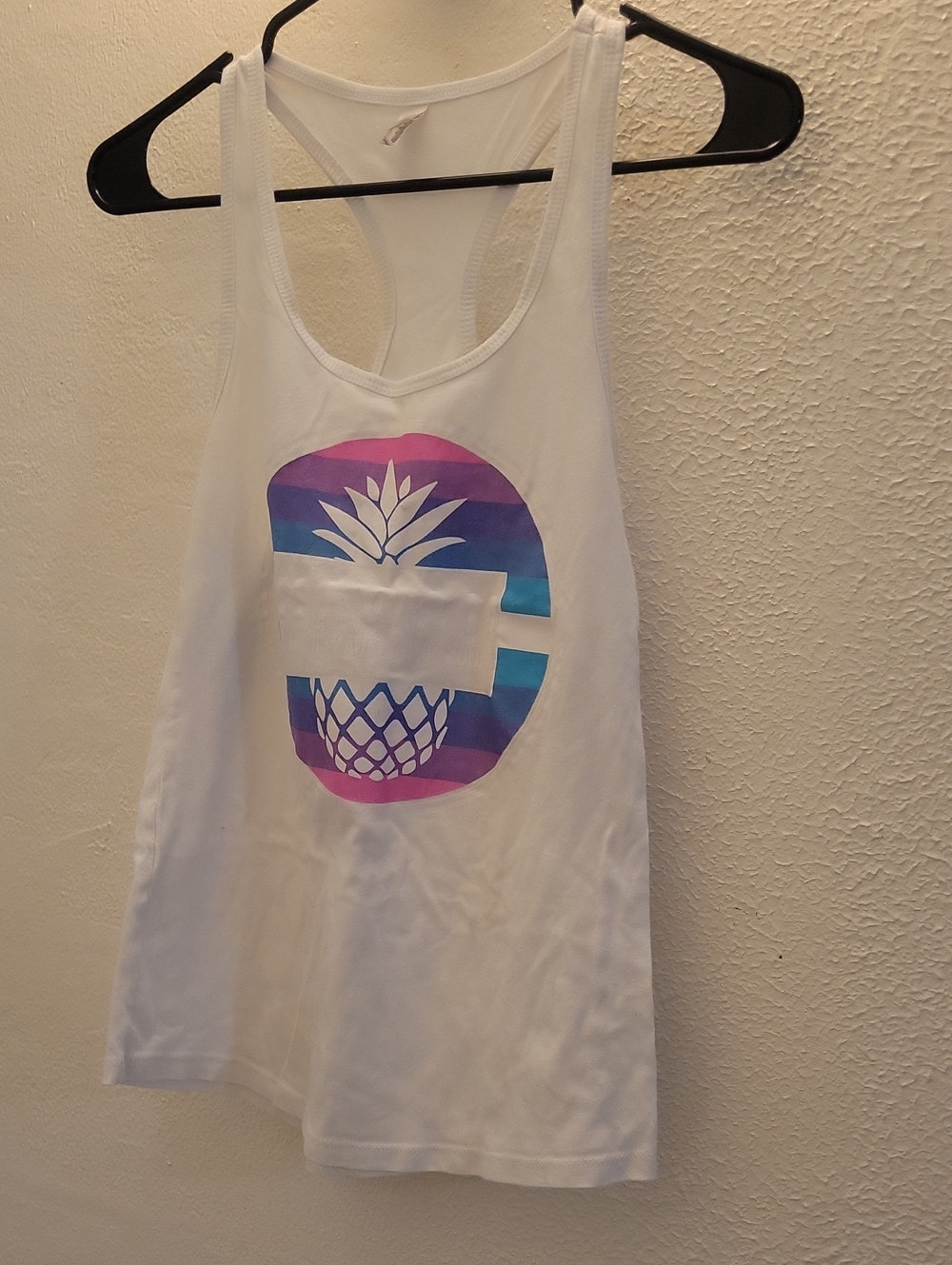 White Racerback Tank with Rainbow Pineapple Graphic